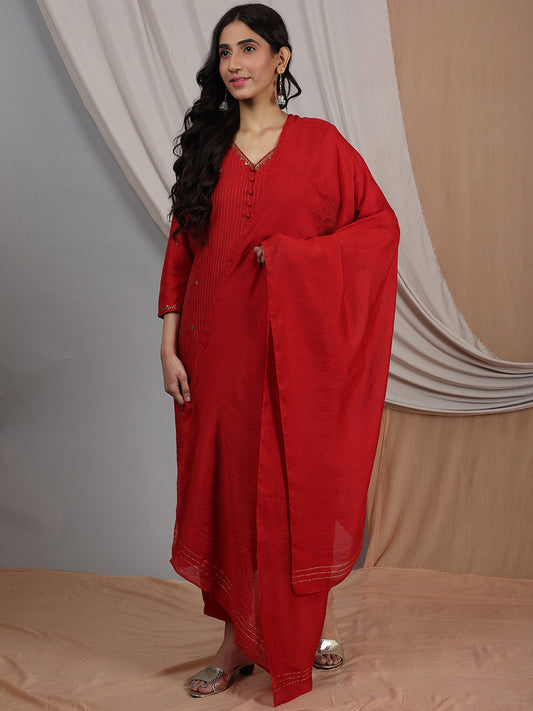 RED EMBELLISHED CHANDERI KURTA WITH PANTS