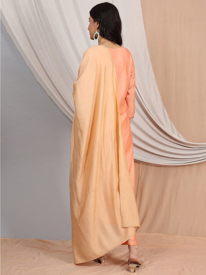 PEACH EMBROIDERED CHANDERI KURTA WITH PANTS