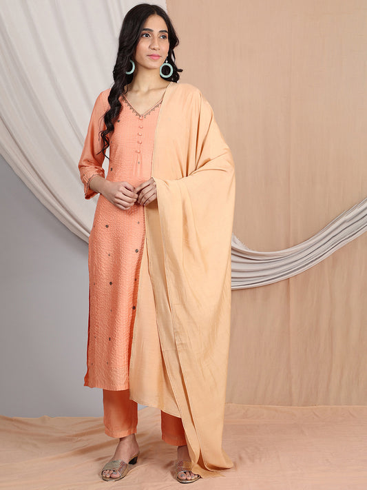 PEACH  EMBROIDERED CHANDERI KURTA