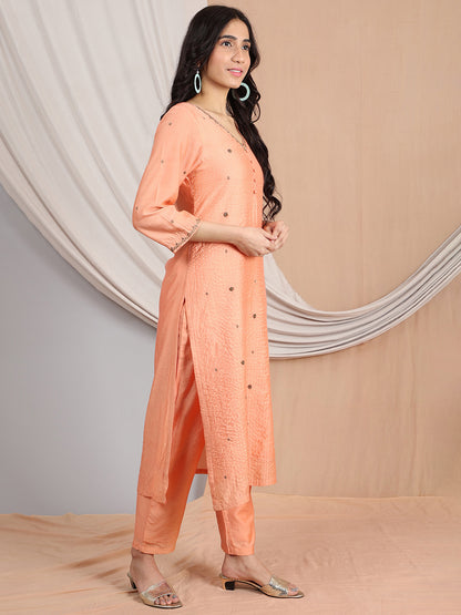 PEACH  EMBROIDERED CHANDERI KURTA