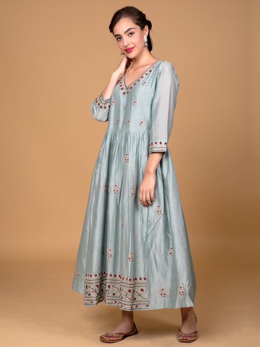MINT GREEN EMBROIDERED CHANDERI KURTA