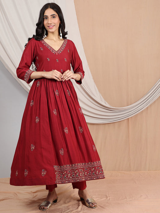 MAROON EMBROIDERED CHANDERI KURTA