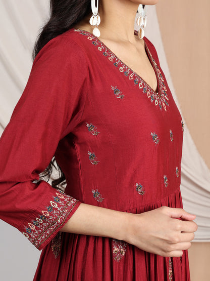 MAROON EMBROIDERED CHANDERI KURTA