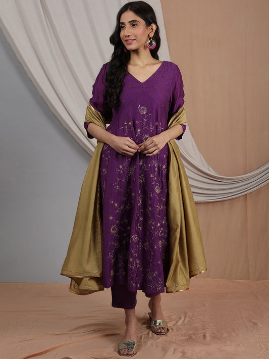 PURPLE EMBROIDERED CHANDERI KURTA WITH PANTS