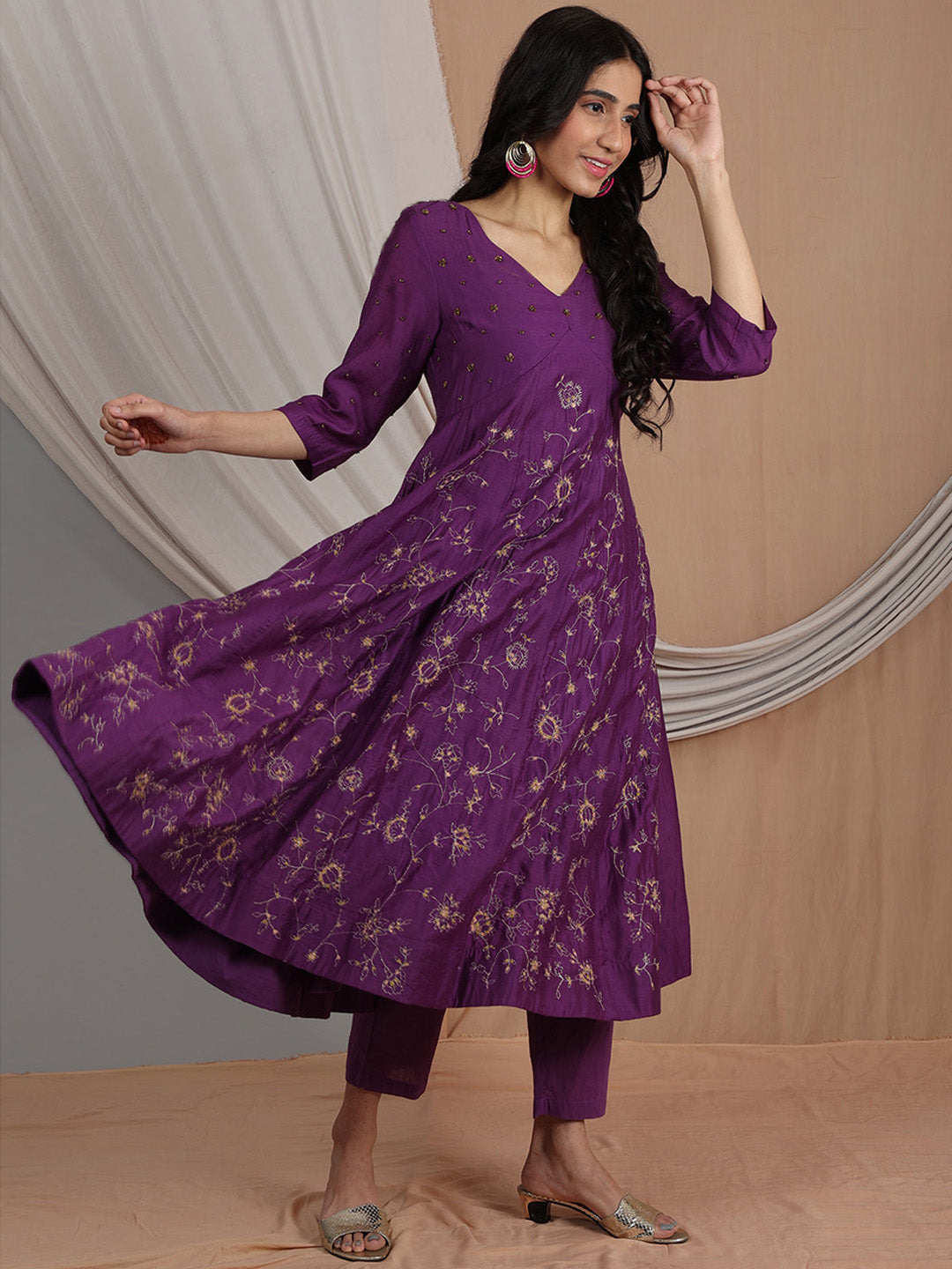 PURPLE EMBROIDERED CHANDERI KURTA