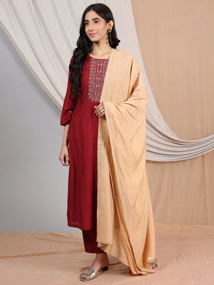 MAROON EMBROIDERED CHANDERI KURTA