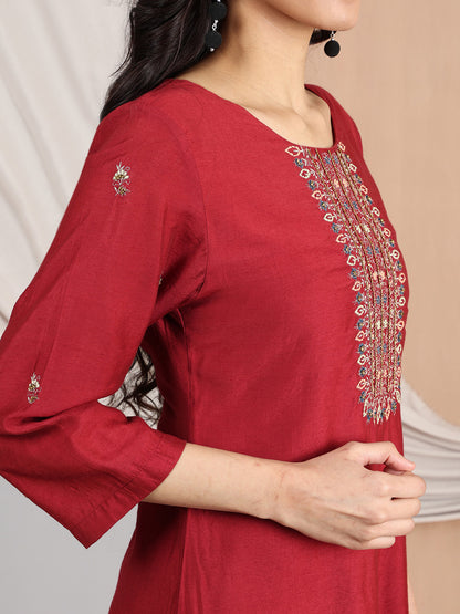 MAROON EMBROIDERED CHANDERI KURTA