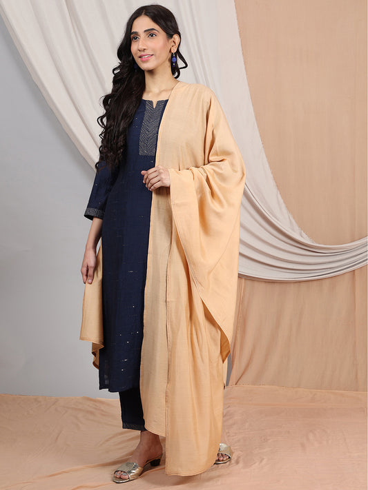 NAVY BLUE EMBROIDERED CHANDERI KURTA WITH PANTS