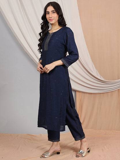 NAVY BLUE EMBROIDERED CHANDERI KURTA WITH PANTS