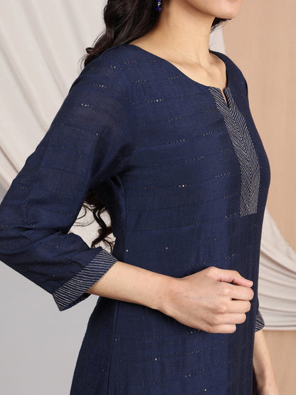 NAVY BLUE EMBROIDERED CHANDERI KURTA WITH PANTS