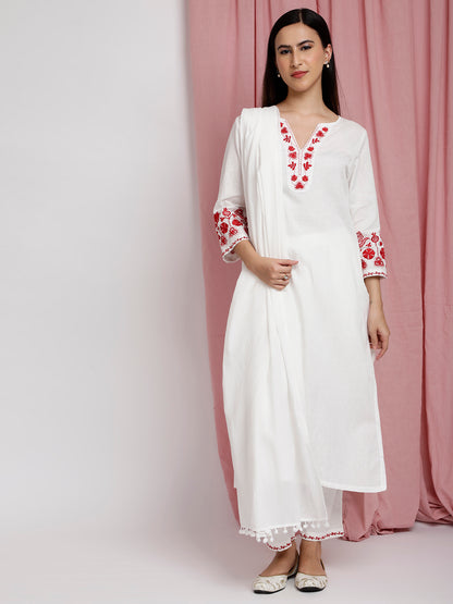 IVORY COTTON LINEN EMBROIDERED KURTA WITH PANTS