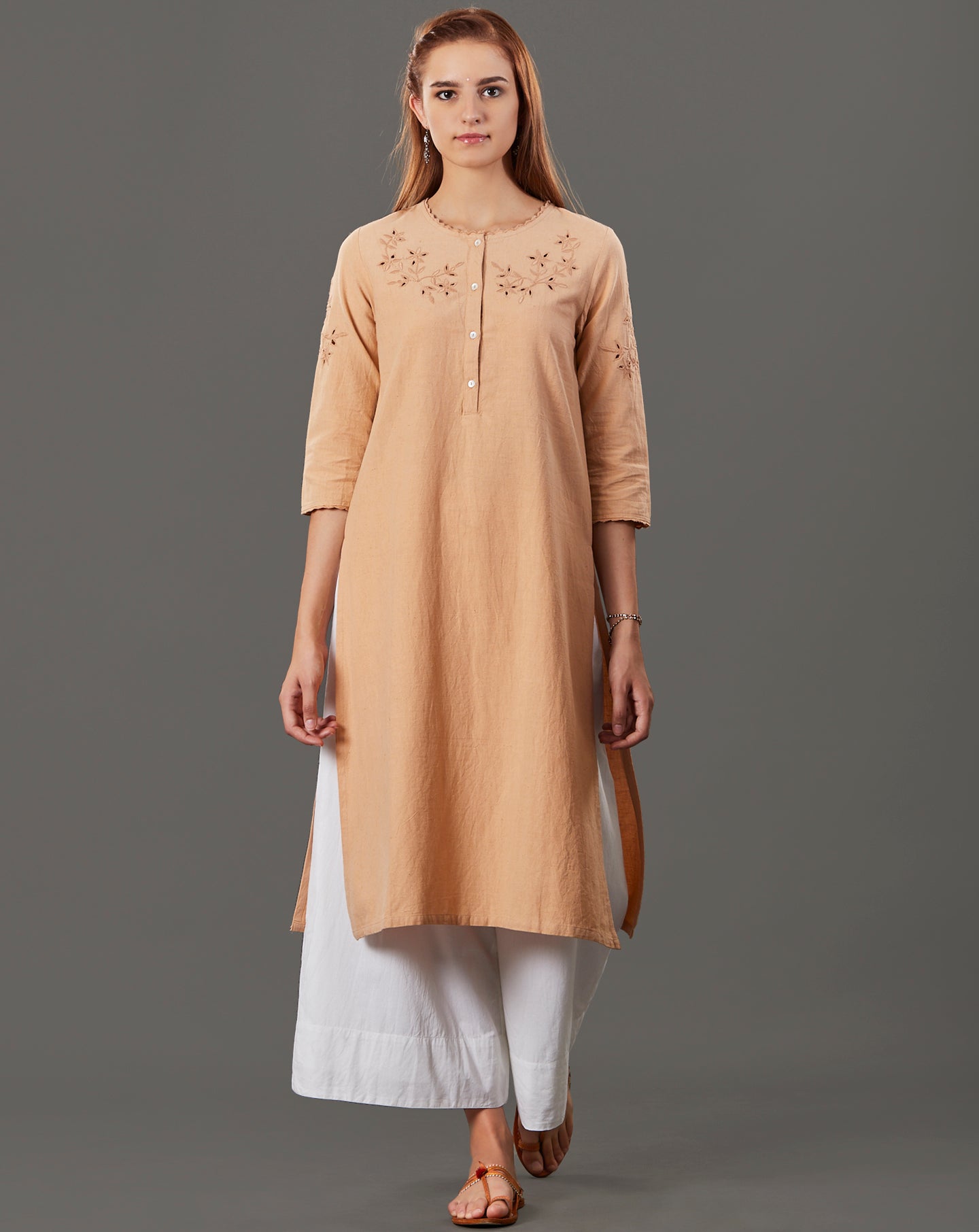 BEIGE CUTWORK EMBROIDERED COTTON LINEN KURTA WITH PALAZZO