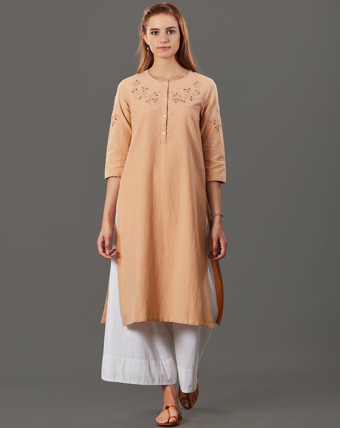 BEIGE CUTWORK EMBROIDERED COTTON LINEN KURTA