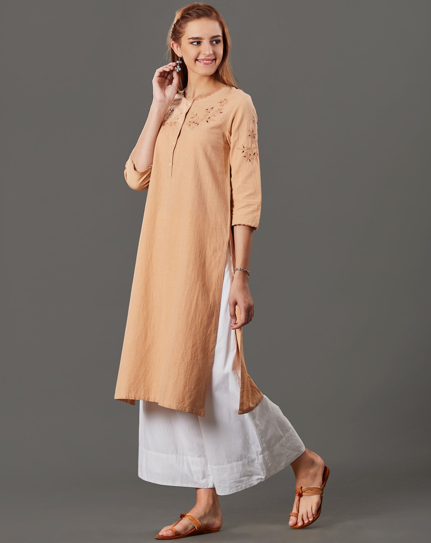 BEIGE CUTWORK EMBROIDERED COTTON LINEN KURTA WITH PALAZZO