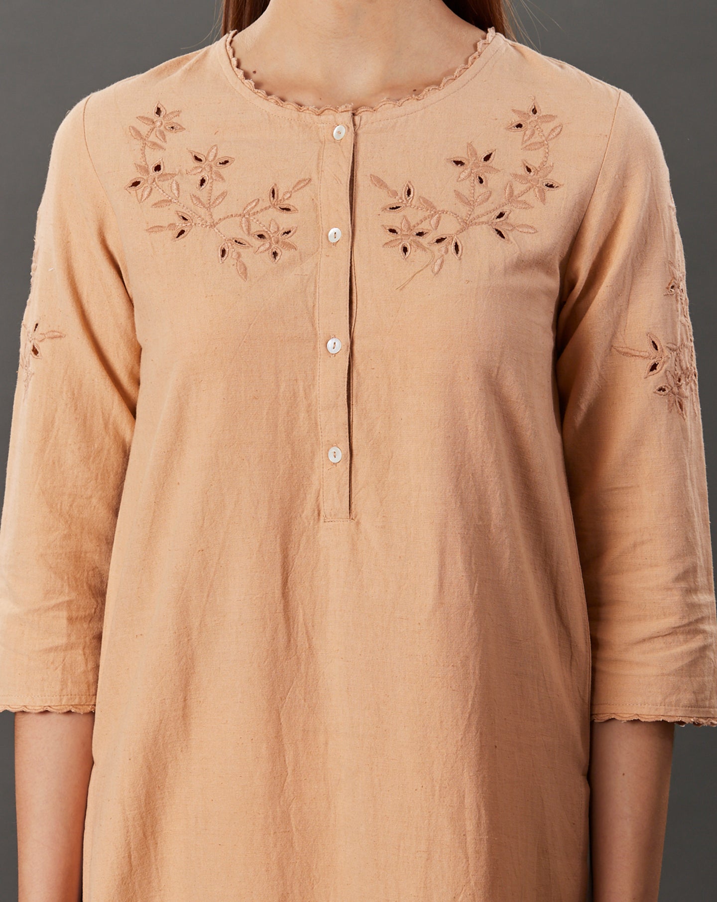 BEIGE CUTWORK EMBROIDERED COTTON LINEN KURTA WITH PALAZZO