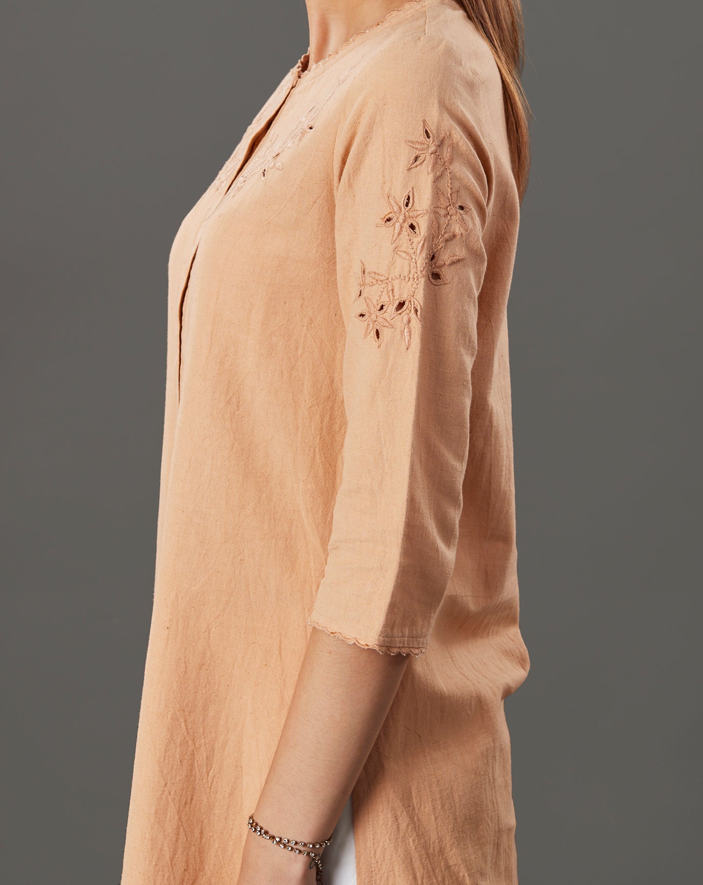 BEIGE CUTWORK EMBROIDERED COTTON LINEN KURTA WITH PALAZZO