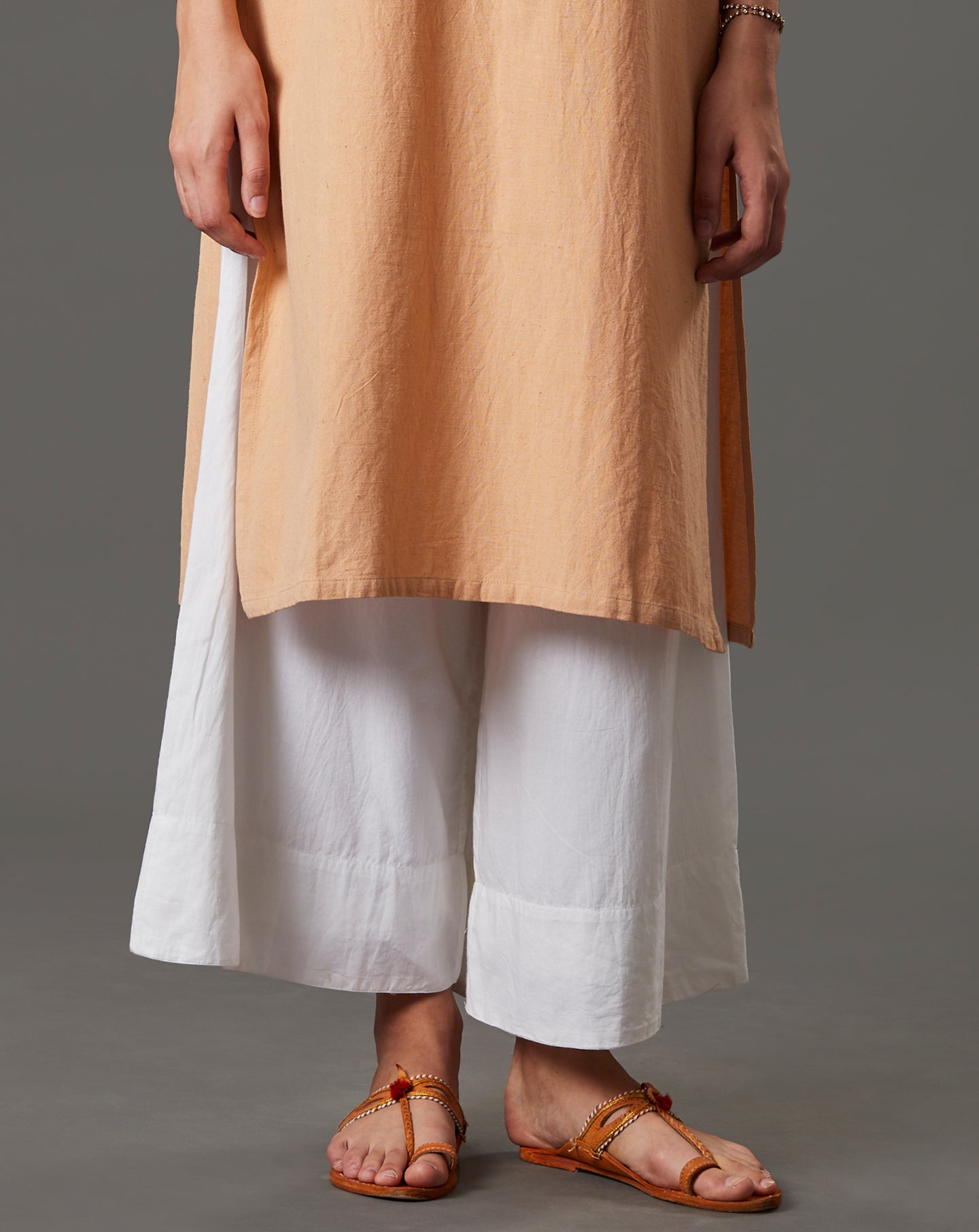 BEIGE CUTWORK EMBROIDERED COTTON LINEN KURTA WITH PALAZZO