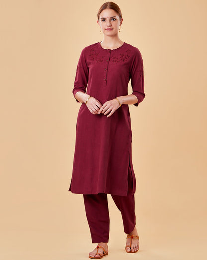 MAROON CUTWORK EMBROIDERED COTTON LINEN KURTA