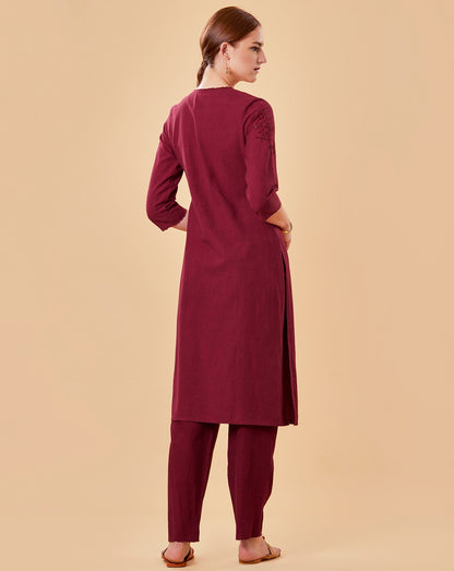 MAROON CUTWORK EMBROIDERED COTTON LINEN KURTA