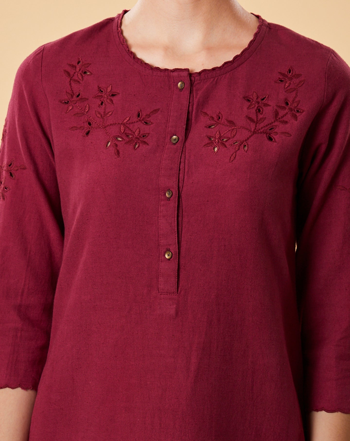 MAROON CUTWORK EMBROIDERED COTTON LINEN KURTA