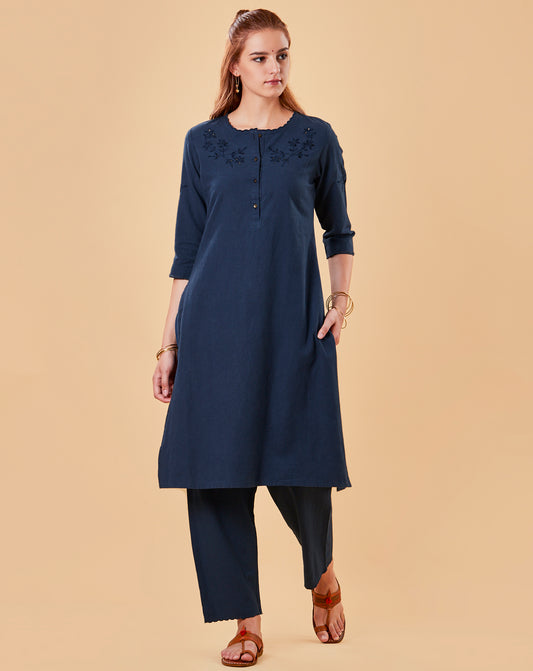 NAVY CUTWORK EMBROIDERED COTTON LINEN KURTA WITH PANTS