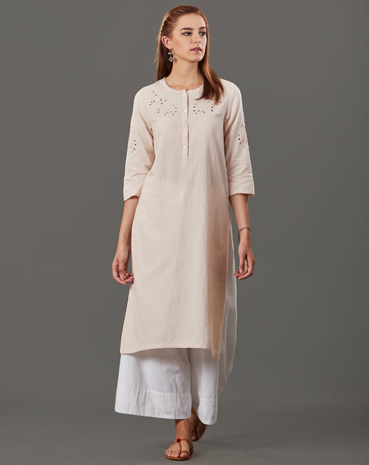 CREAM CUTWORK EMBROIDERED COTTON KURTA WITH WHITE PALAZZO