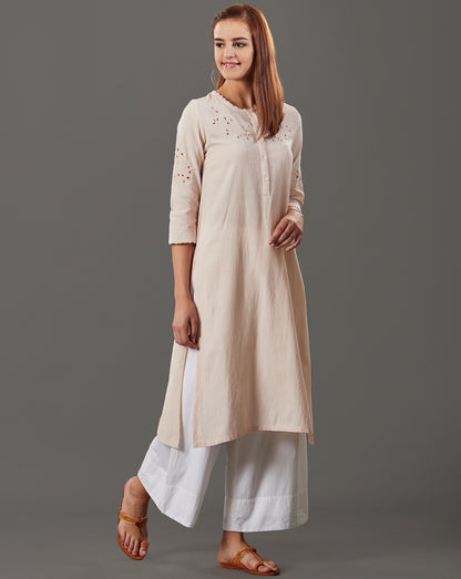CREAM CUTWORK EMBROIDERED COTTON KURTA WITH WHITE PALAZZO