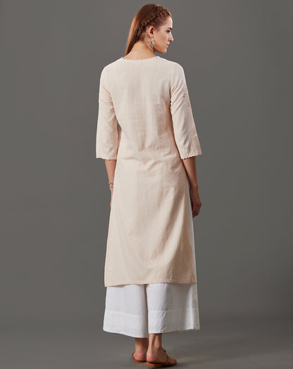 CREAM CUTWORK EMBROIDERED COTTON KURTA WITH WHITE PALAZZO