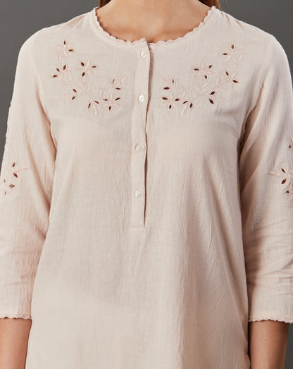 CREAM CUTWORK EMBROIDERED COTTON KURTA WITH WHITE PALAZZO