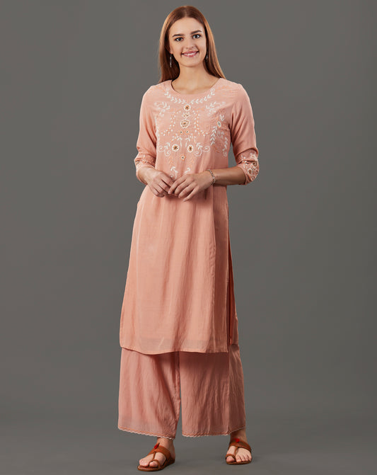 PEACH EMBROIDERED COTTON SILK KURTA WITH PALLAZO