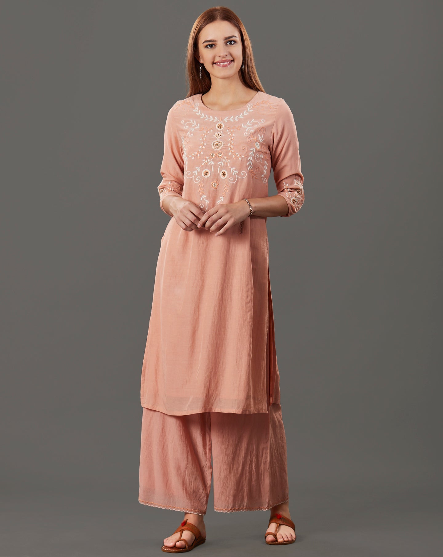 PEACH EMBROIDERED COTTON SILK KURTA