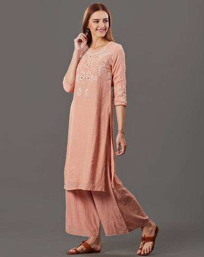 PEACH EMBROIDERED COTTON SILK KURTA WITH PALLAZO