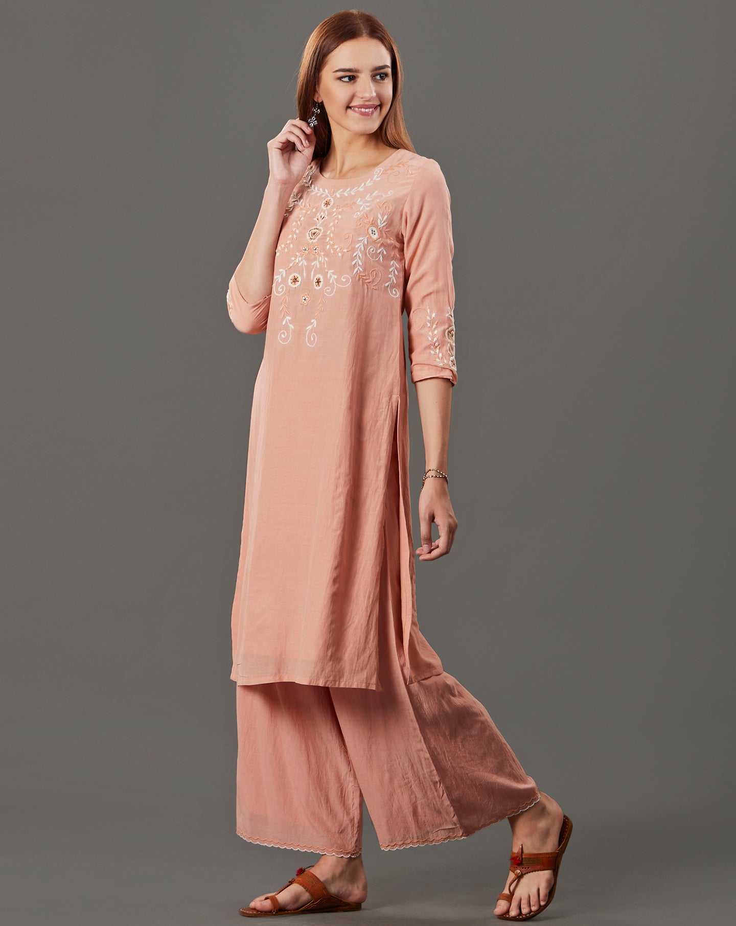 PEACH EMBROIDERED COTTON SILK KURTA