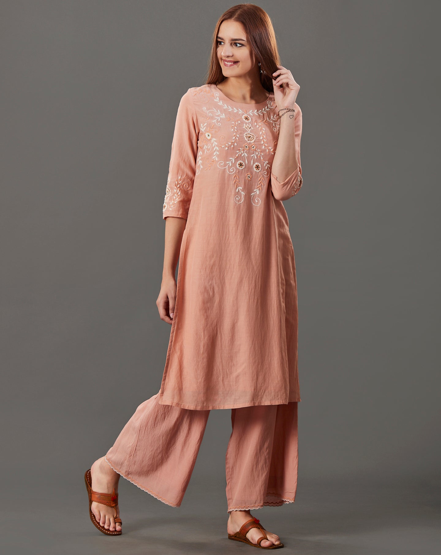 PEACH EMBROIDERED COTTON SILK KURTA