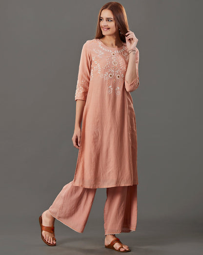 PEACH EMBROIDERED COTTON SILK KURTA