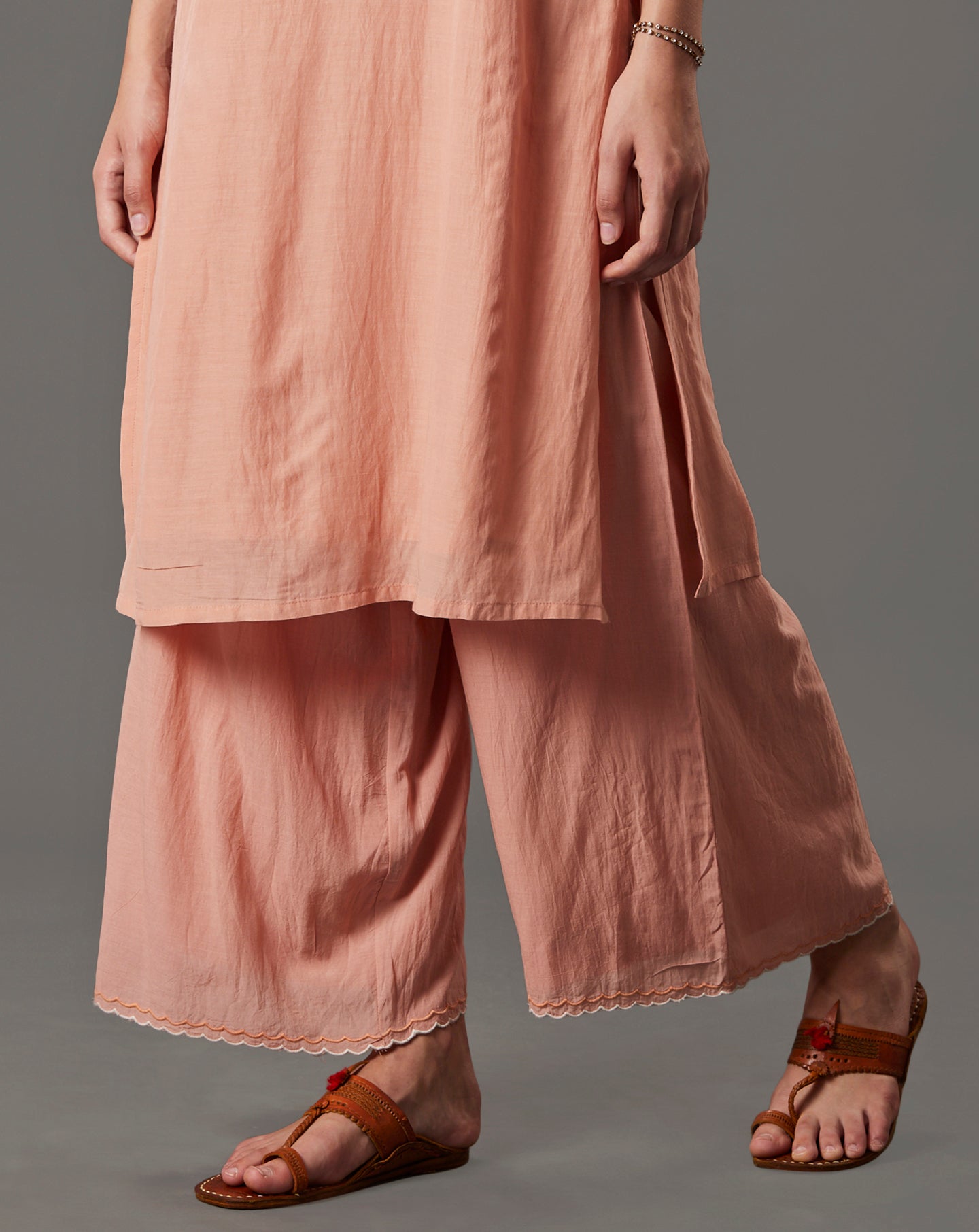 PEACH EMBROIDERED COTTON SILK KURTA WITH PALLAZO