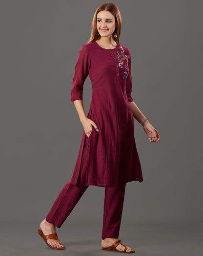 MAROON EMBROIDERED COTTON SILK KURTA WITH PANTS