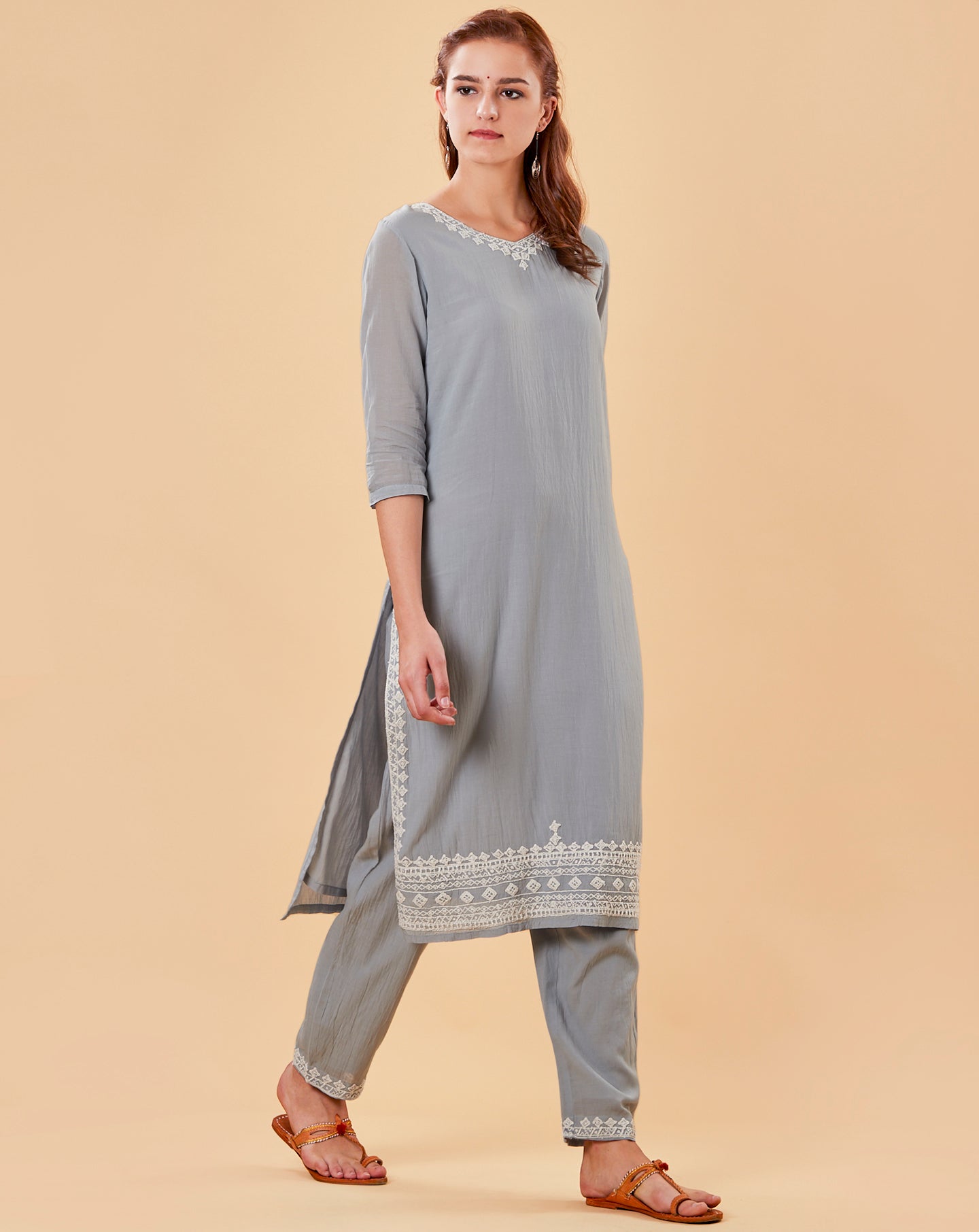 PASTEL BLUE EMBROIDERED COTTON SILK KURTA WITH PANTS