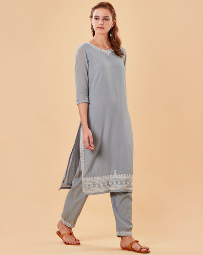 PASTEL BLUE EMBROIDERED COTTON SILK KURTA WITH PANTS