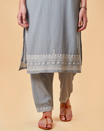 PASTEL BLUE EMBROIDERED COTTON SILK KURTA WITH PANTS