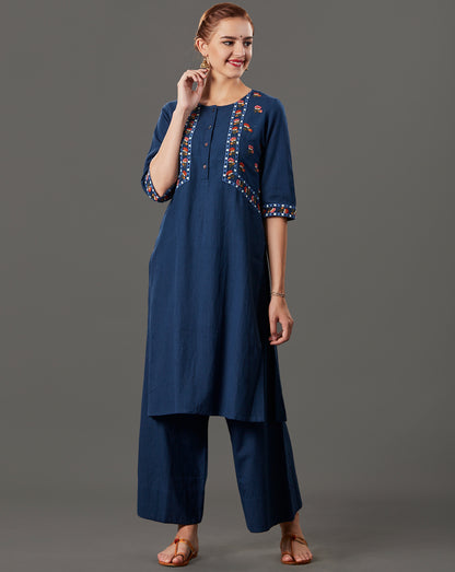NAVY BLUE EMBROIDERED COTTON LINEN KURTA WITH PALAZZO