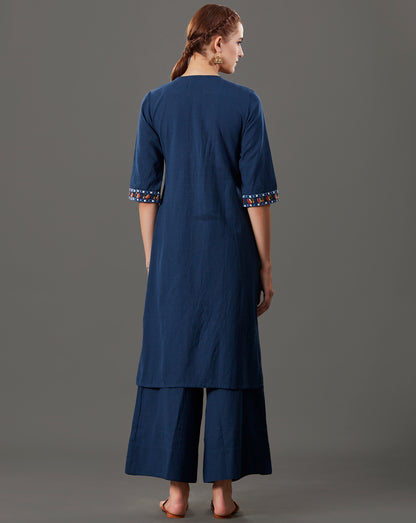 NAVY BLUE EMBROIDERED COTTON LINEN KURTA WITH PALAZZO