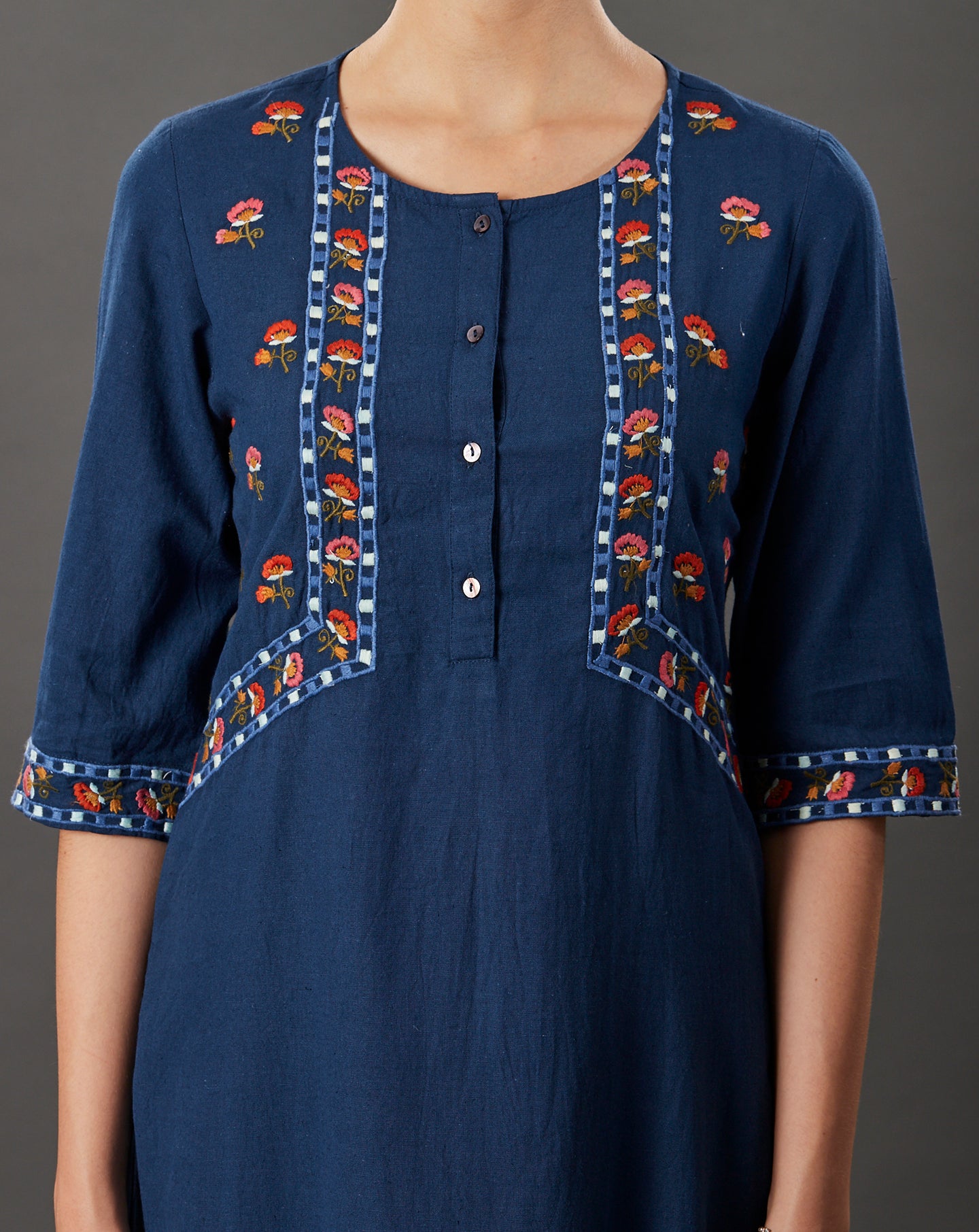 NAVY BLUE EMBROIDERED COTTON LINEN KURTA WITH PALAZZO