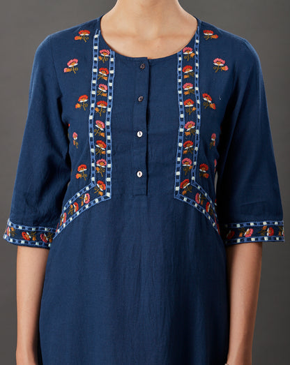 NAVY BLUE EMBROIDERED COTTON LINEN KURTA WITH PALAZZO
