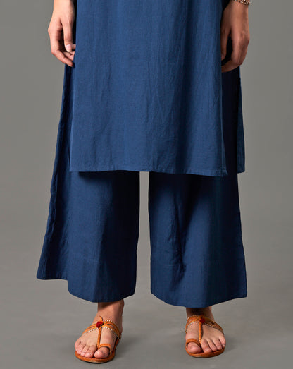 NAVY BLUE EMBROIDERED COTTON LINEN KURTA WITH PALAZZO