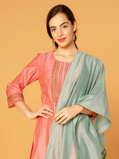 PASTEL PINK EMBROIDERED CHANDERI KURTA WITH PANTS