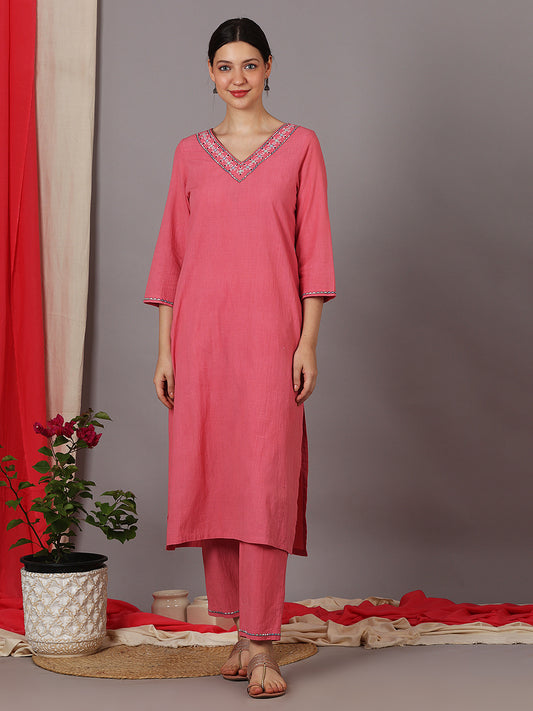 PINK EMBROIDERED COTTON KURTA WITH PANTS