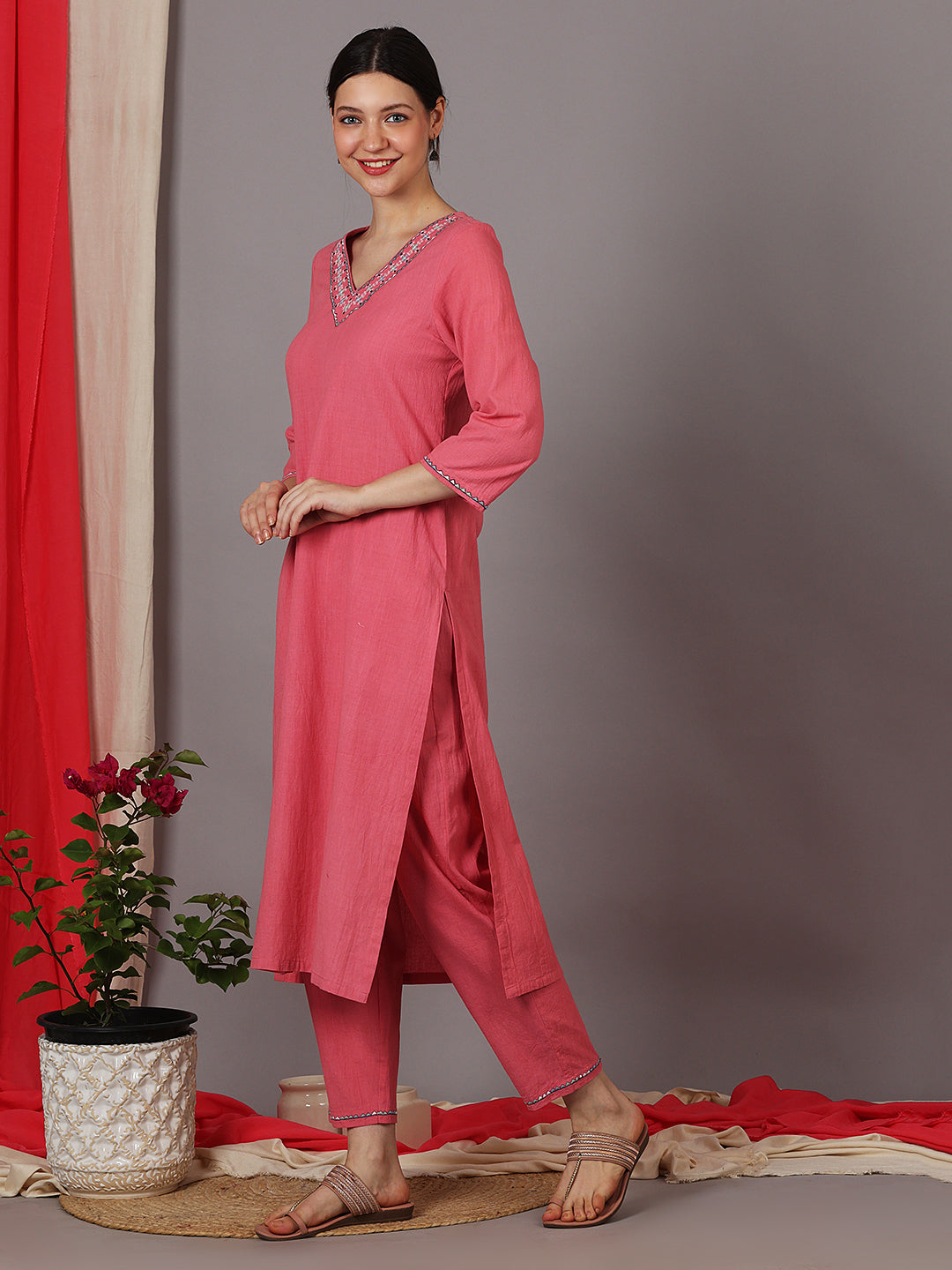 PINK EMBROIDERED COTTON KURTA WITH PANTS