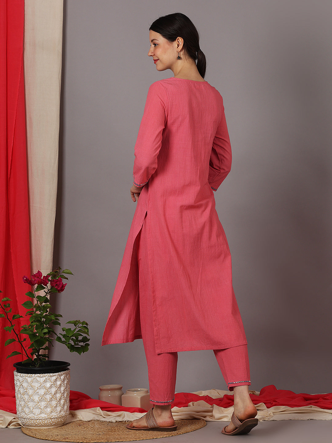 PINK EMBROIDERED COTTON KURTA WITH PANTS