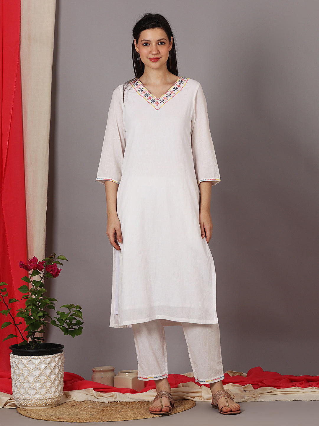 WHITE EMBROIDERED  V-NECKLINE STRAIGHT FIT KURTI, WITH PANTS